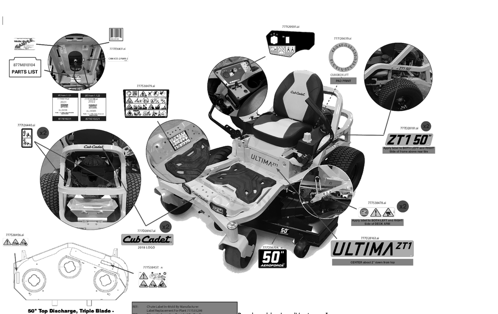 Label Map Diagram and Parts List for ZT1-50KW (17RIEACL010)(2022) Cub Cadet Lawn Tractor